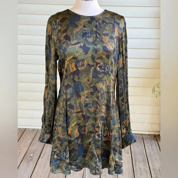 NWT GANNI Heavy Satin Printed Logo Short Dress Size 44 (US 10/12) Olive  *read - Picture 6 of 16